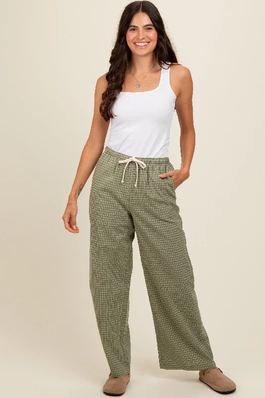 Athletic PantsOlive Drawstring Checker Plaid Pants