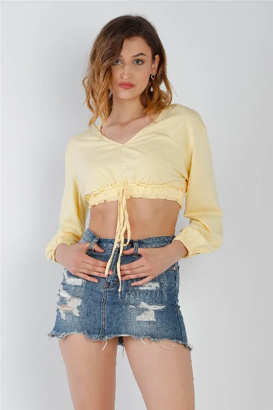 Yellow Self-Tie Ruffle Hem V-Neck Long Balloon Sleeve Crop Top /2-2-2VNeckTopRidge