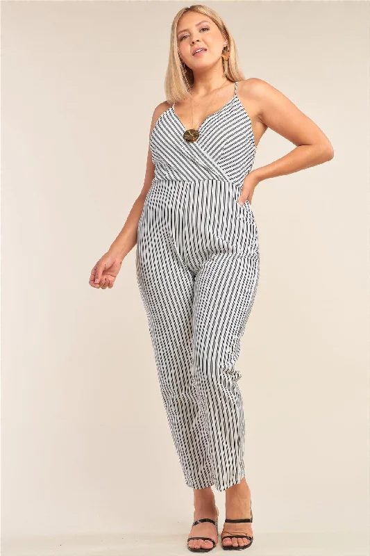 Plus Size Striped Wrap Criss-Cross Strap Deep Plunge V-Neck Jumpsuit /2-2-2VNeckTopCrest