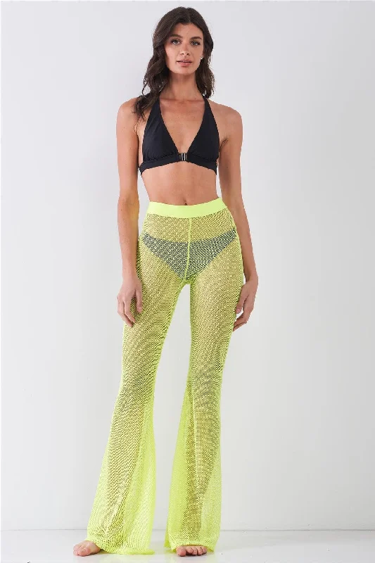 Lounge PantsNeon Yellow Sheer Tennis Net Mesh High Waist Bell Bottom Pants /2-2-2-2