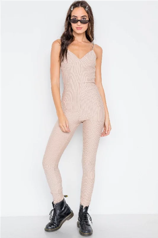 Beige Pinstripe V-neck Skinny Leg JumpsuitVNeckTopPro