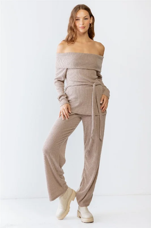 JoggersMocha Ribbed Soft To Touch Off-The-Shoulder Belted Top & Two Pocket High Waist Pants Set S-M-L/1-2-2