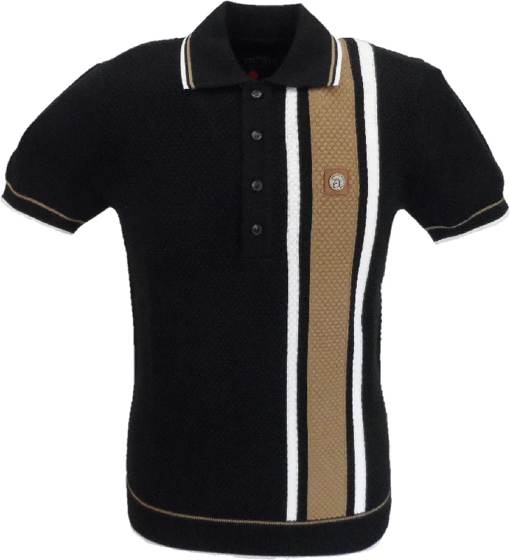 Knitted Short SleeveTrojan Mens Black Textured Stripe Knitted Polo Shirt