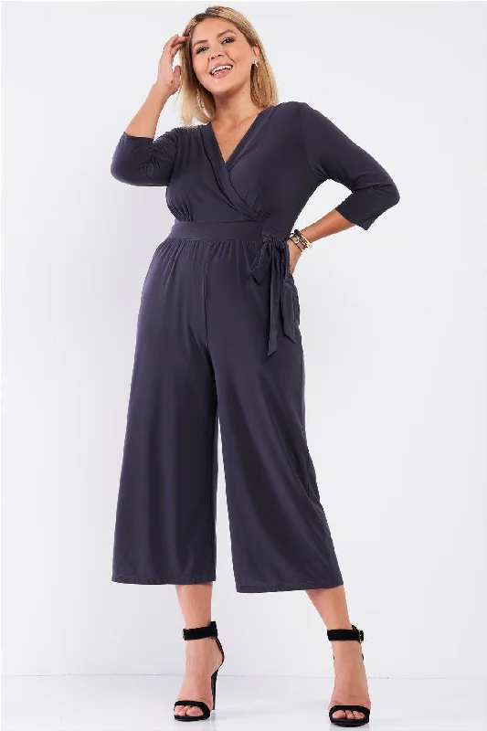 Junior Plus Dark Grey Plunging V-Neck Midi Sleeve Self-Tie Waist Detail Wide Leg Midi Jumpsuit /1-2-2-1VNeckTopLunar