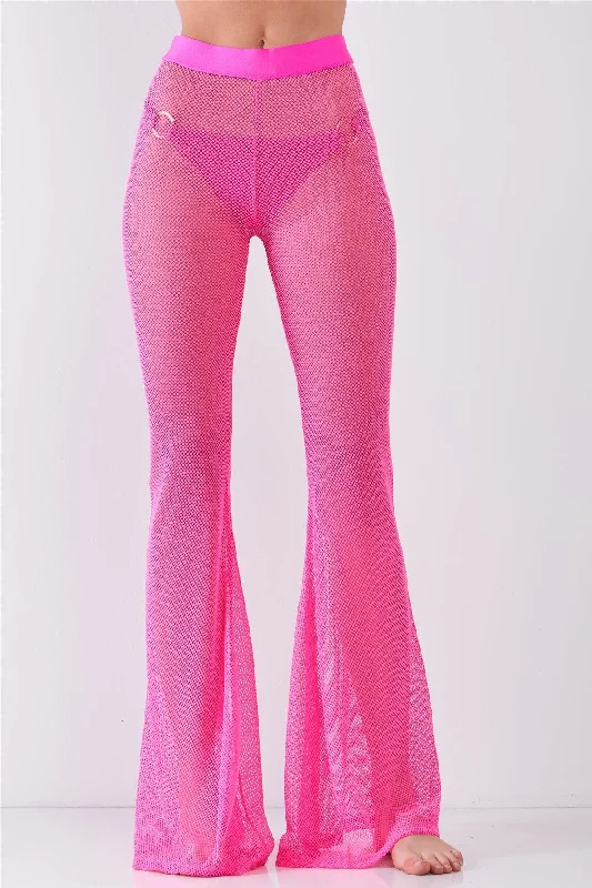 Printed PantsNeon Pink Sheer Tennis Net Mesh High Waist Bell Bottom Pants /2-2-2-1