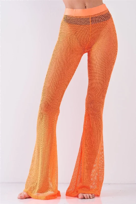 Ripped JeansNeon Orange Sheer Tennis Net Mesh High Waist Bell Bottom Pants