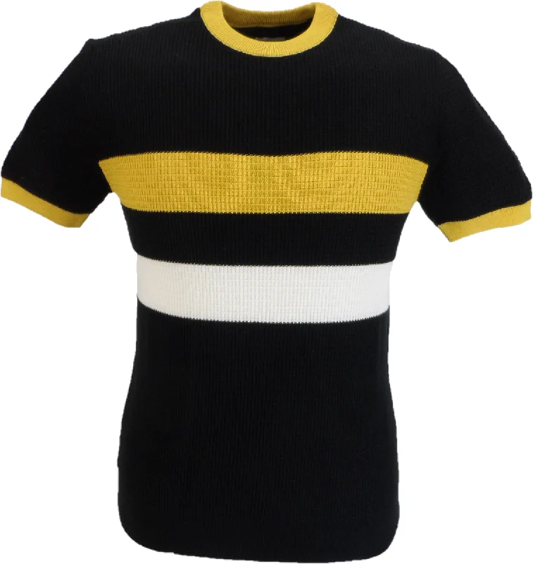 Knitted FineSka & Soul Mens Black Stripe Front Waffle Tee Pullover