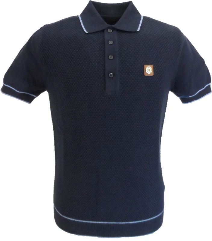 Knitted HoodieTrojan Records Mens Navy Blue Textured Knitted Polo Shirt