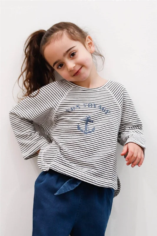 Toddler Girls Navy Striped Cotton Blend Marine Print Long Sleeve Top /3-1-3