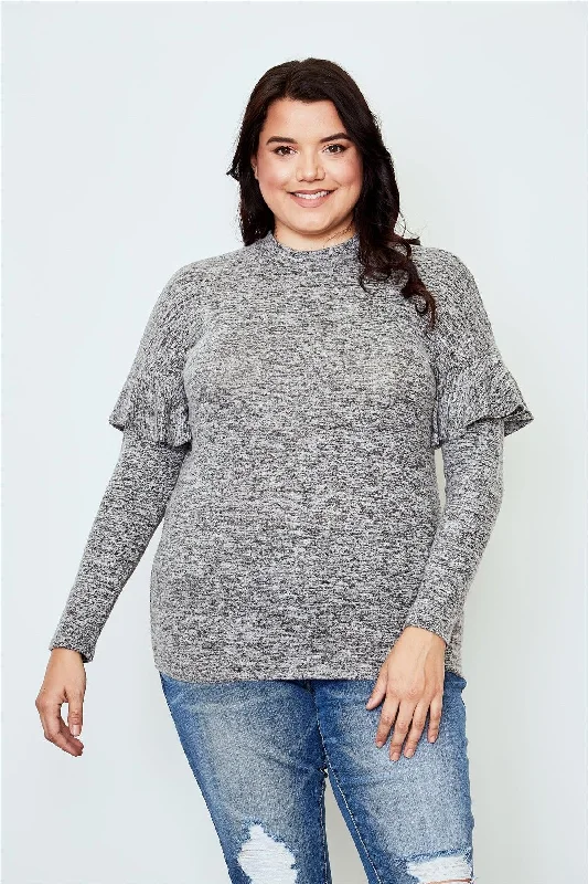 Plus Size Grey Ruffle Trim Long Sleeve Casual Sweatshirt /2-2-2