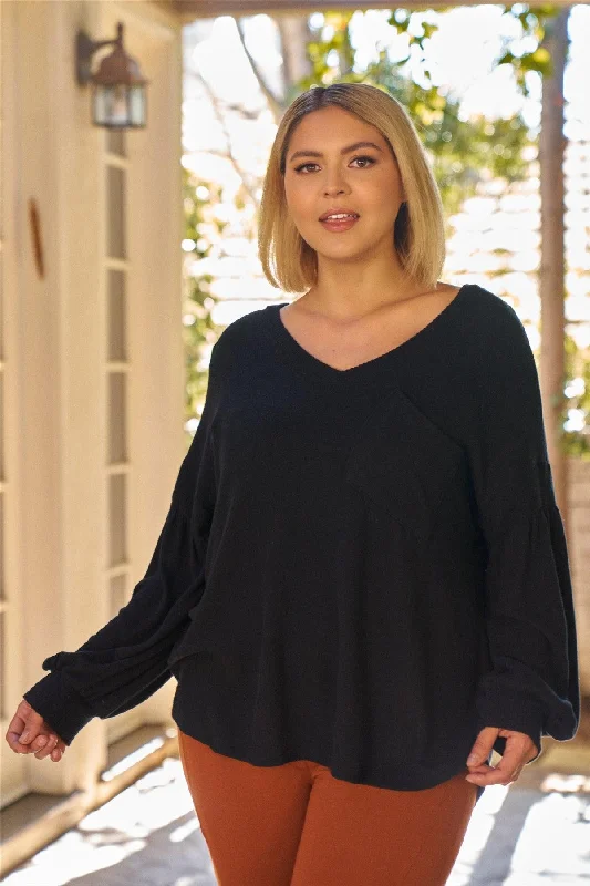 Junior Plus Black Super Soft Long Balloon Sleeve Soft V-Neck Front Pocket Loose Fit Top /3-2-1VNeckTopDrift