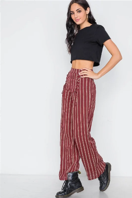 Running PantsWine Stripe Lace-Up Wide-Leg Pants / 3-2-1