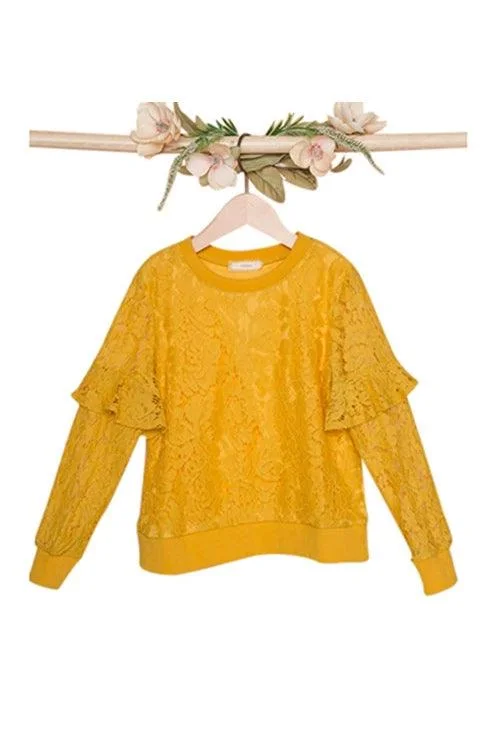 Toddler Girls Honey Floral Lace Long Sleeve Gold Sweater