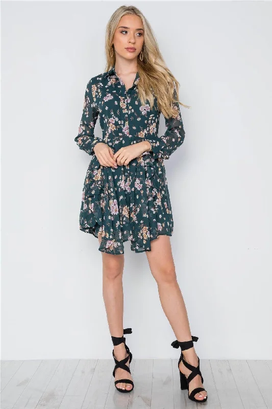 Green Floral Print Long Sleeve Chiffon Flounce Dress /1-1-2