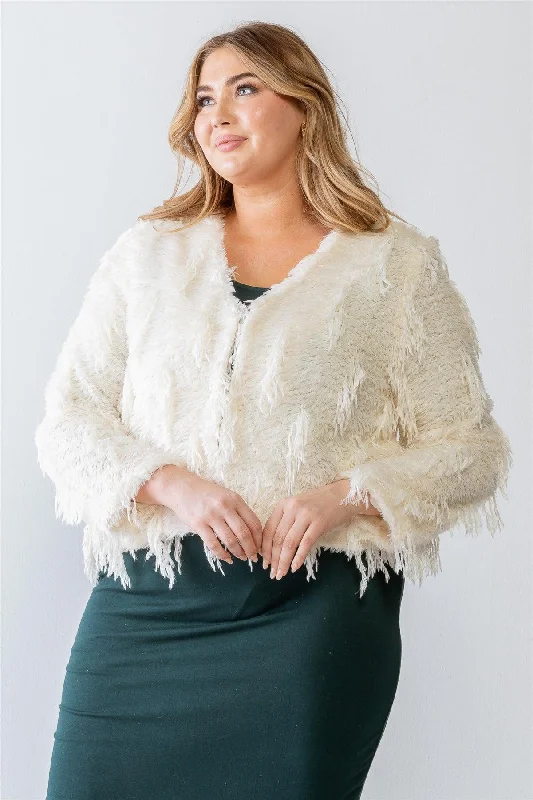 Plus Size Feathered Fringe V-Neck Sweater Cardigan /3-2-1VNeckTopCrest