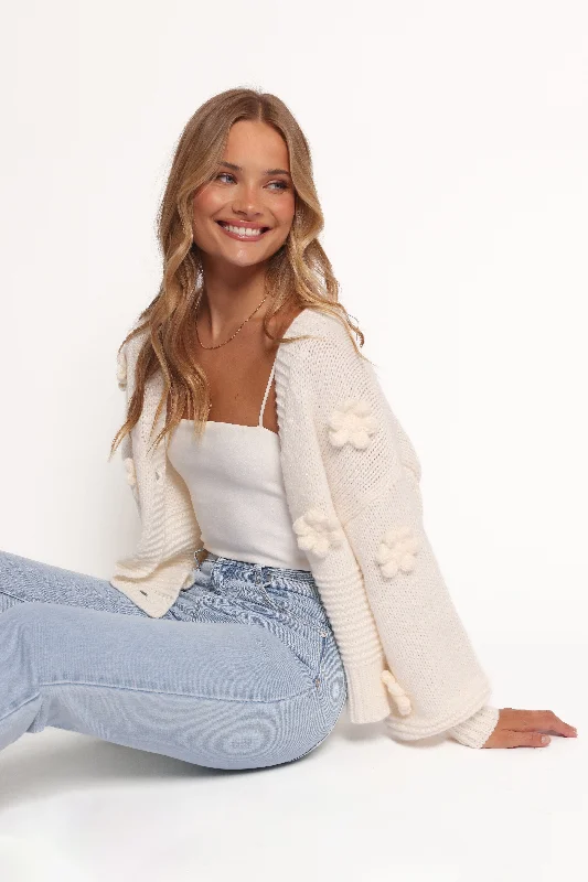 Knitted RibbedHarlee Flower Cardigan - White