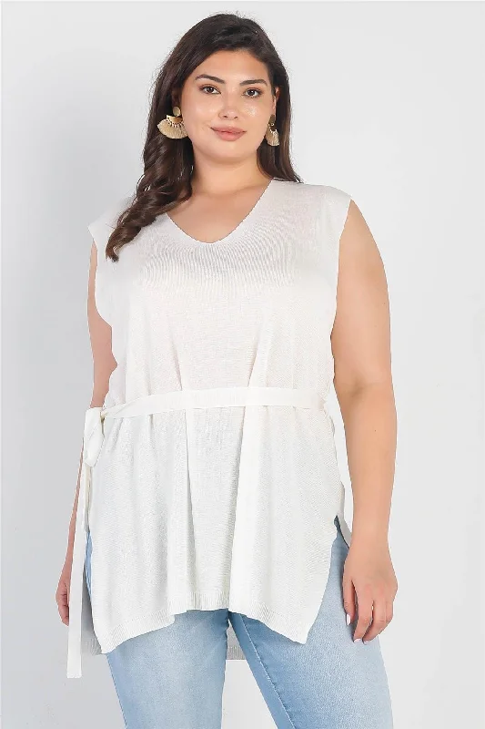 Junior Plus White Knit Belted V-Neck  Sleeveless Top /4-1-1VNeckTop