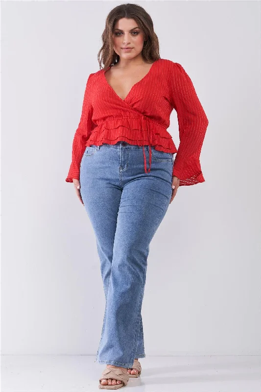 Junior Plus Size Red Sheer Pinstripe Plunging Wrap V-Neck Layered Hem Crop Top /2-1-3VNeckTopRonin