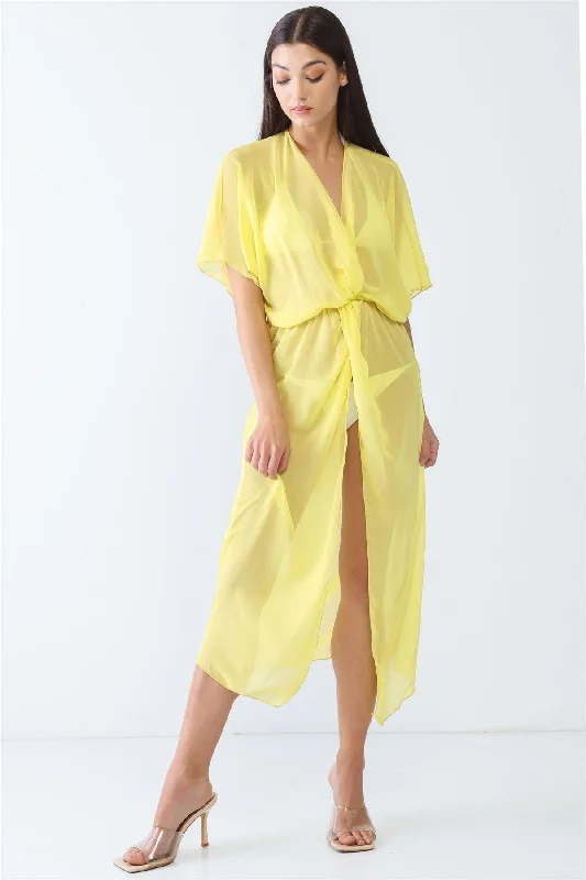 Yellow Mesh Twist V-Neck Dolman Short Sleeve Front Slit Kimono/Cover UpVNeckTopGalaxy