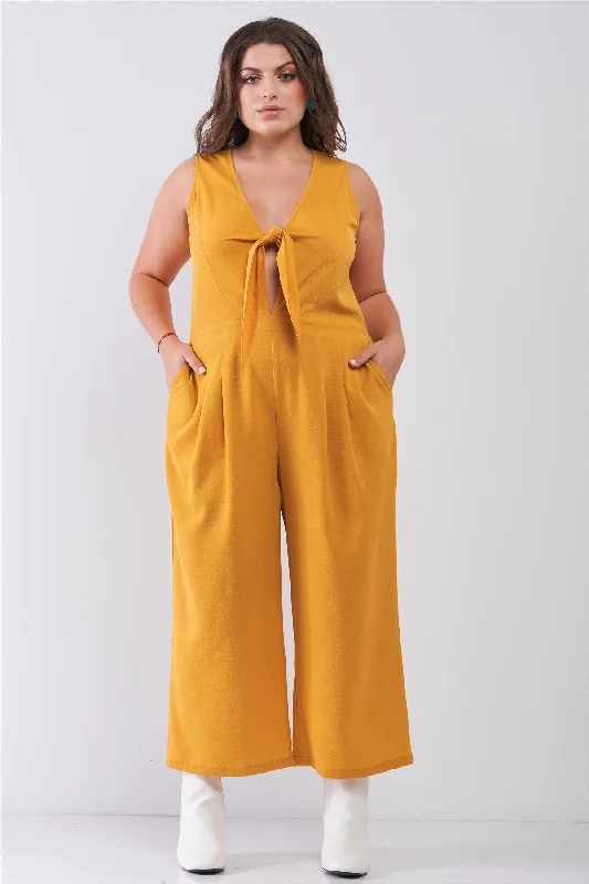 Junior Plus Size Yellow Sleeveless V-Neck Self-Tie Front Detail Wide Leg Jumpsuit /2-2-2VNeckTopGeo