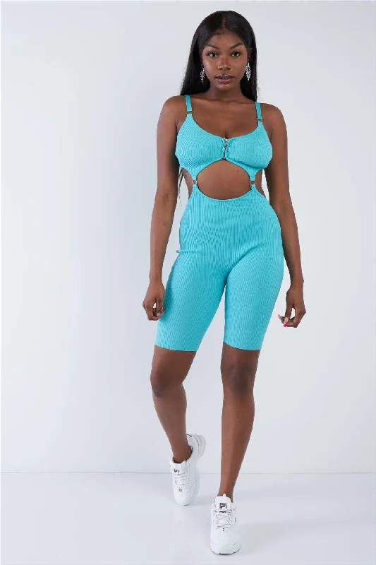 Aqua Blue Front Zipper V-Neck Sporty Chic Biker Romper /3-2-1VNeckTopUnicorn