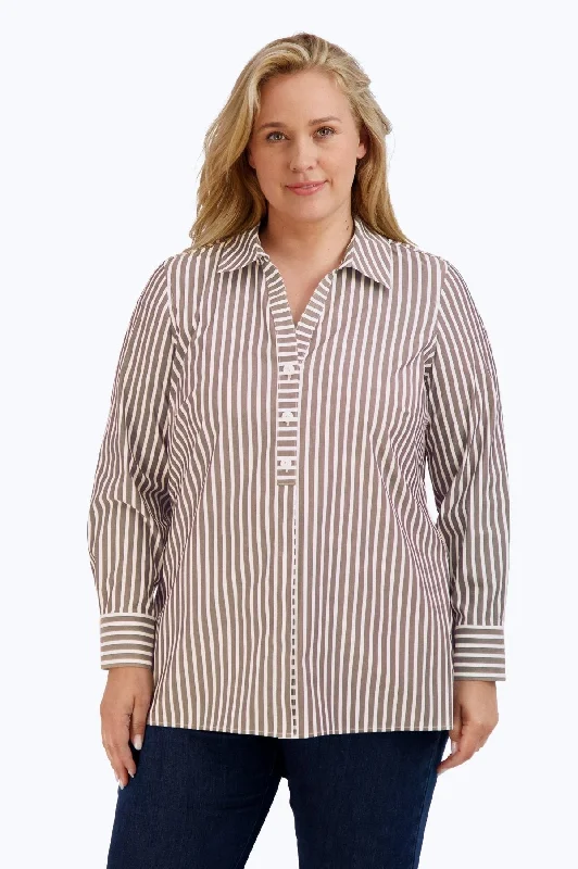 Printed ShirtsPamela Plus No Iron Stretch Stripe Long Sleeve Shirt, Brown/White Stripe