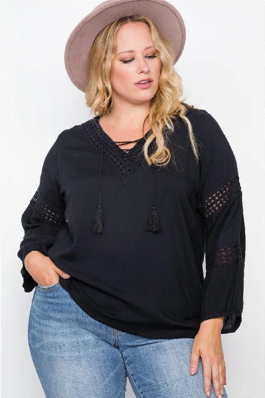 Plus Size Black Crochet Trim V-Neck Boho TopVNeckTopLite