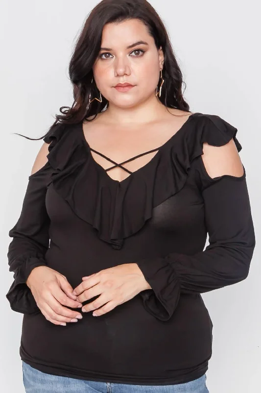 Junior Plus Size Black Long Sleeve Flounce Top /2-2-2