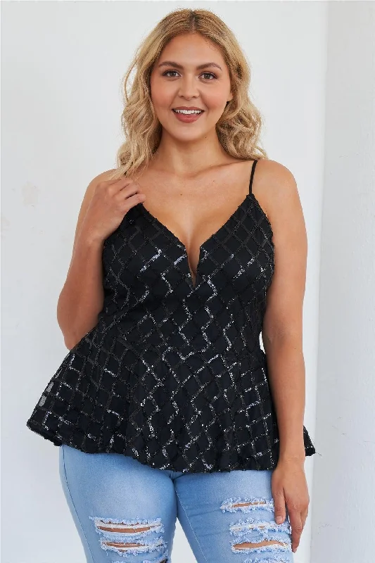 Plus Size Black Sleeveless Sequin V-Neck Peplum TopVNeckTopNova