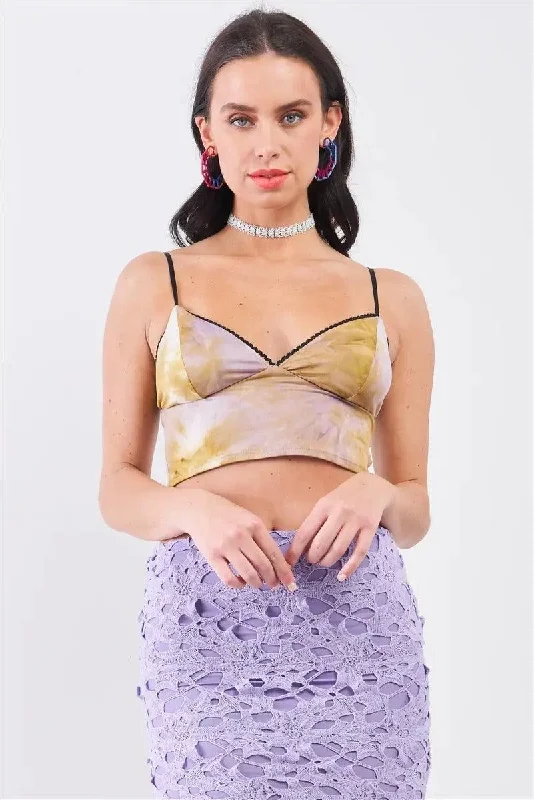 Mustard Lilac Tie-Dye Sleeveless Crochet Hem Detail V-Neck Bustier Crop TopVNeckTopEclipse