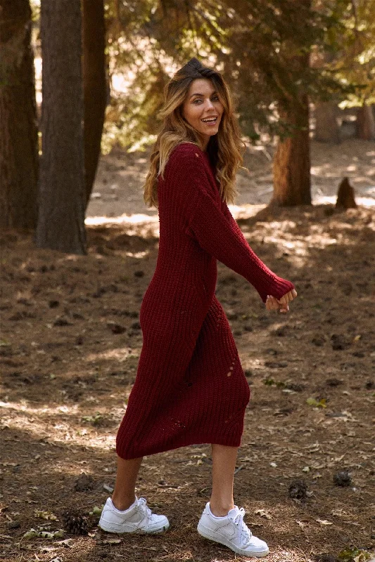 Burgundy Chunky Knit Long Sleeve Sweater Dress