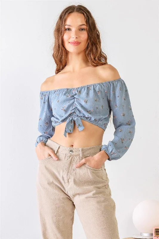 Blue Floral Print Off-The-Shoulder Long Sleeve Ruched Crop Top /1-1-1