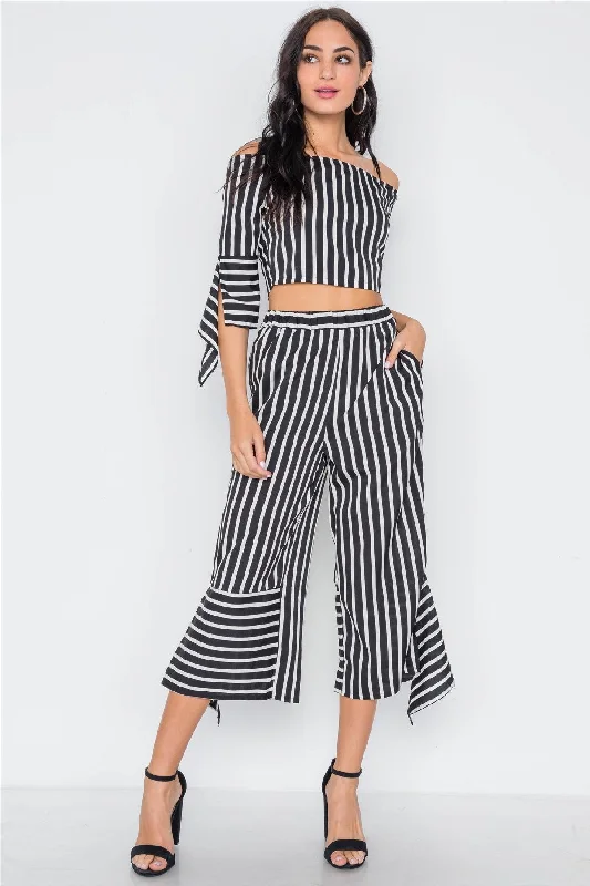 CargosWhite Black Stripe Flounce Two Piece Top Pants Set