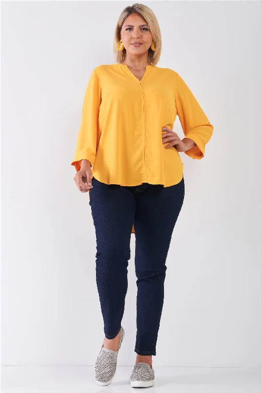 Junior Plus Size Tuscan Sun Yellow V-Neck Midi Sleeve Pleated Back Detail Relaxed Tunic Top /2-2-1VNeckTopWave