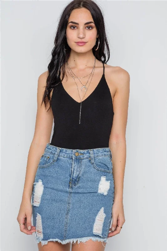 Black Cami Strappy V-Neck Solid Bodysuit /2-1VNeckTopPegasus