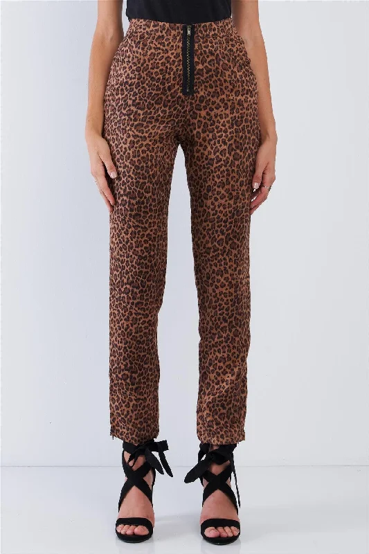 Bermuda ShortsLeopard Print High Waisted Front Zipper Fly Accent Ankle Length Pants /1-2-2-1