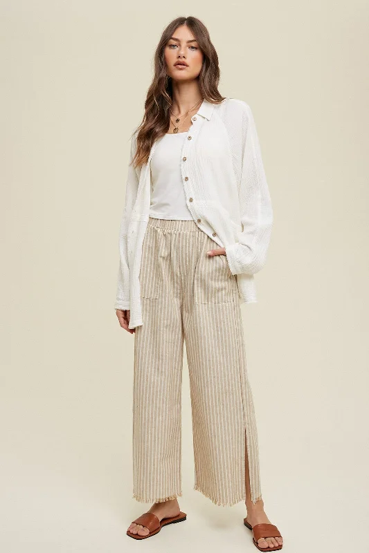 JumpsuitsTaupe Striped Linen Slit Hem Pants