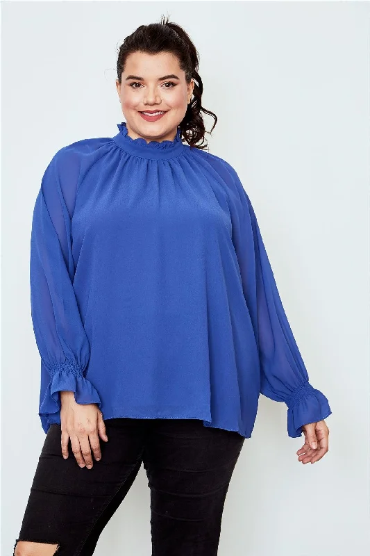 Plus Size Blue Violet High Neck Ruffle Long Sleeve Top /2-2-2