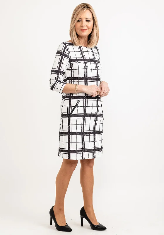 Cocktail DressSeventy1 Faded Plaid Print Mini Shift Dress, White & Grey