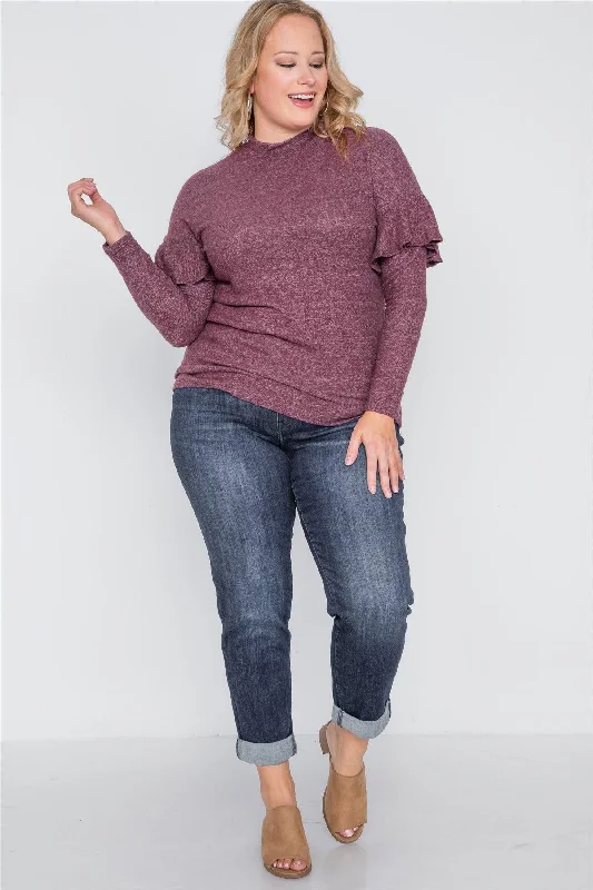 Plus Size Burgundy Ruffle Long Sleeve Casual Sweater /3-2-2