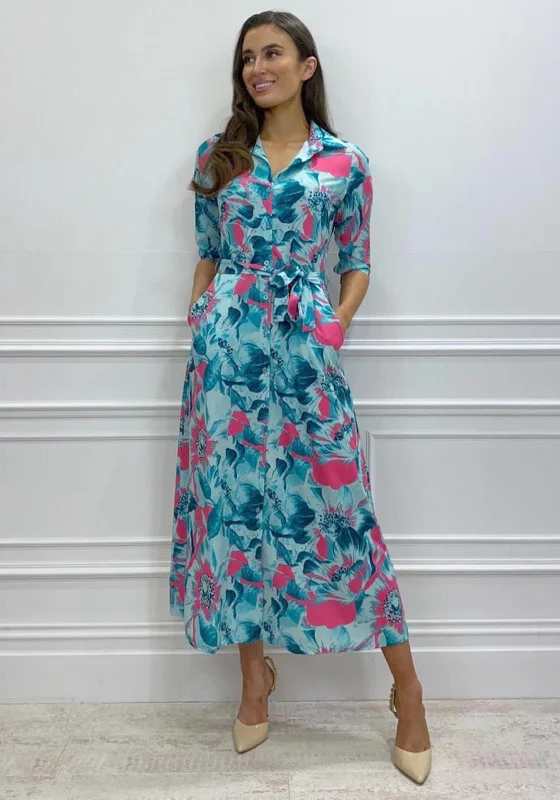 A-line DressKate & Pippa Luca Tropical Flower Maxi Shirt Dress, Aqua Multi