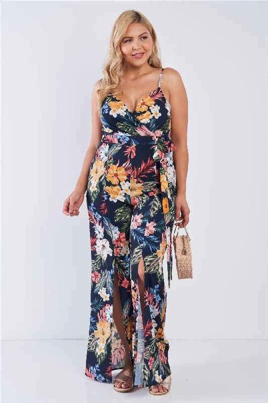 Junior Plus Size Navy Tropical Print V-Neck Wide Leg Slit Jumpsuit /2-1-1VNeckTopGalaxy