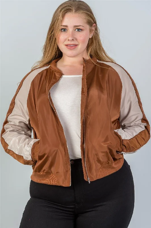 Junior Plus Size Camel Color Block Stand Collar Zipper Long Sleeve Bomber Jacket /2-2-2