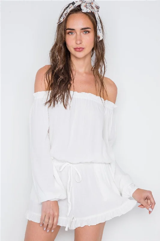 White Off-The-Shoulder Ruffle Long Sleeve Romper /2-2-2