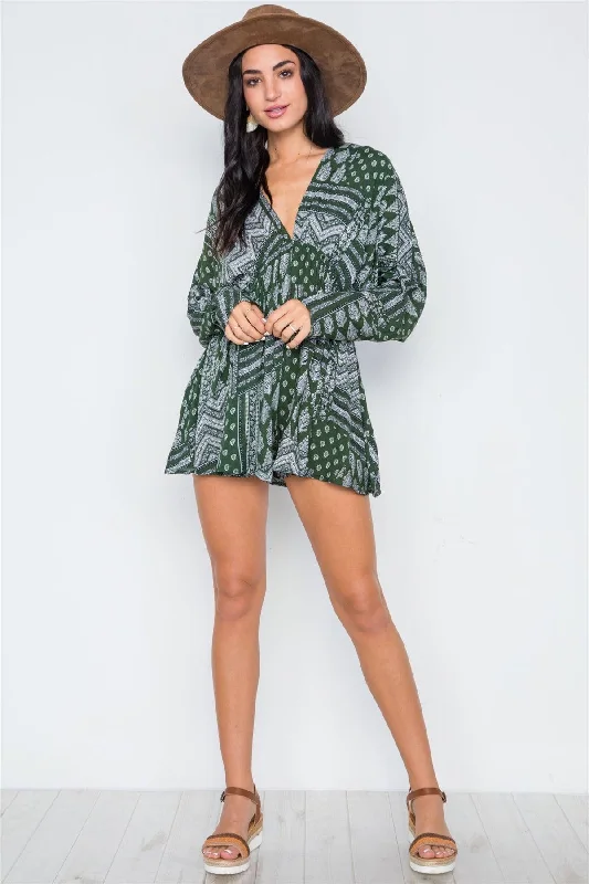 Khaki Olive Bandana Print Batwing Long Sleeve Romper /2-1