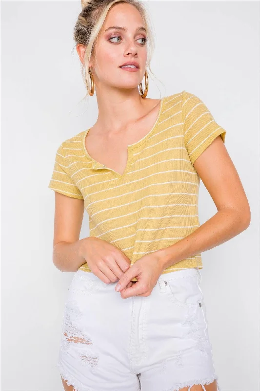 Lime & Ivory Stripe Cut Out V-Neck Short Sleeve Casual Crop Top /1-2-1VNeckTop