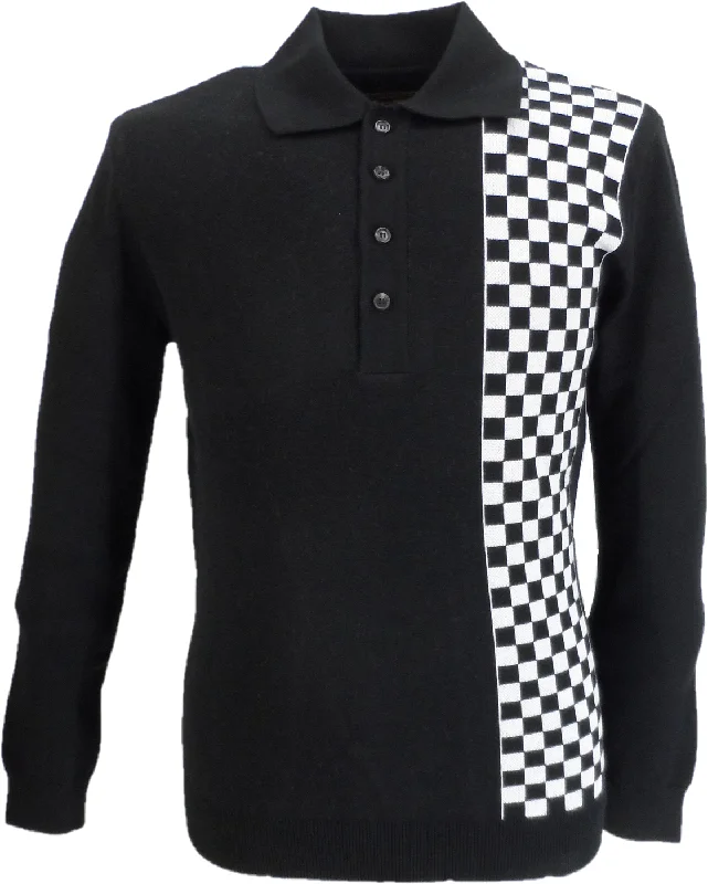 Knit RibbedSka & Soul Mens Black Weller Chequerboard Knitted Polo Shirt