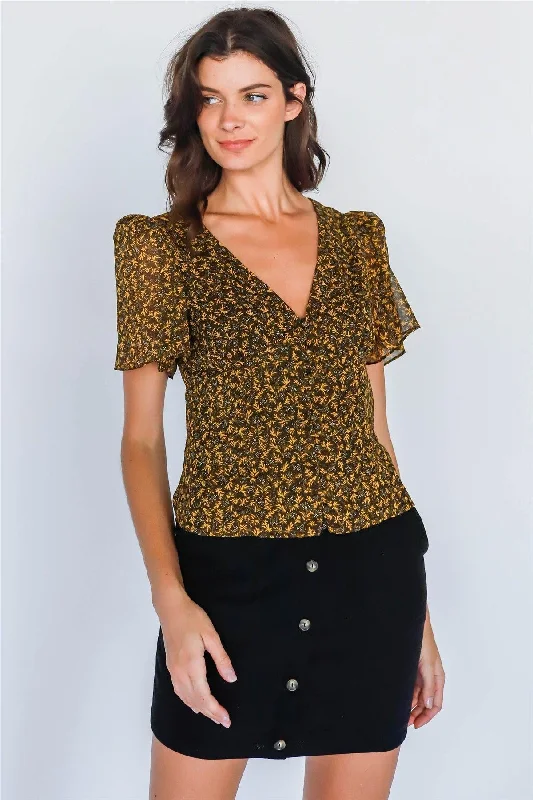 Yellow Multi Floral Print Button-Up V-Neck TopVNeckTopValley