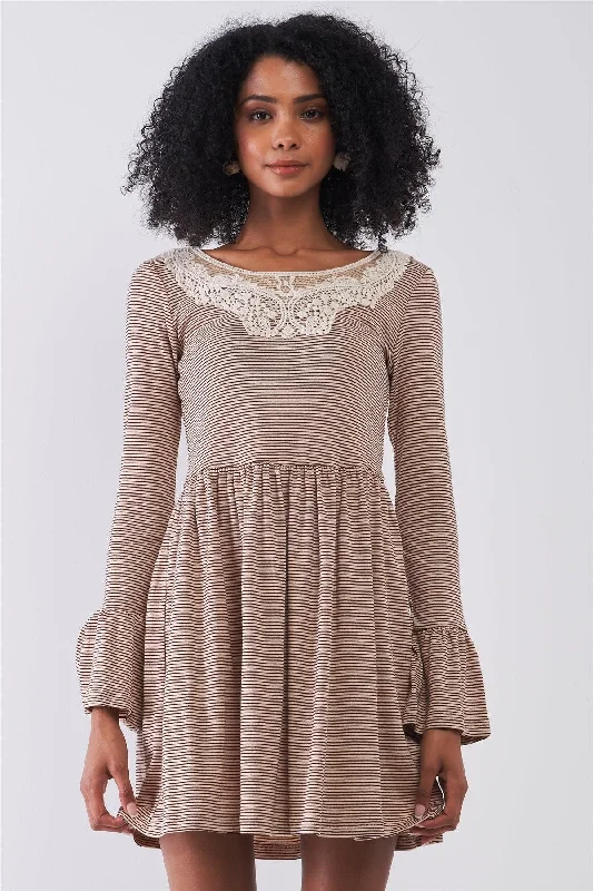 Taupe Horizontal Striped Embroidery Detail Long Sleeve With Flare Hem Mini Dress /1-1-2-1