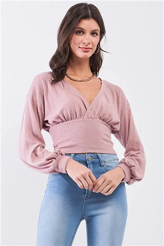 Mauve Fluffy Knit Plunge V-Neck Long Balloon Sleeve Crop TopVNeckTopUnicorn